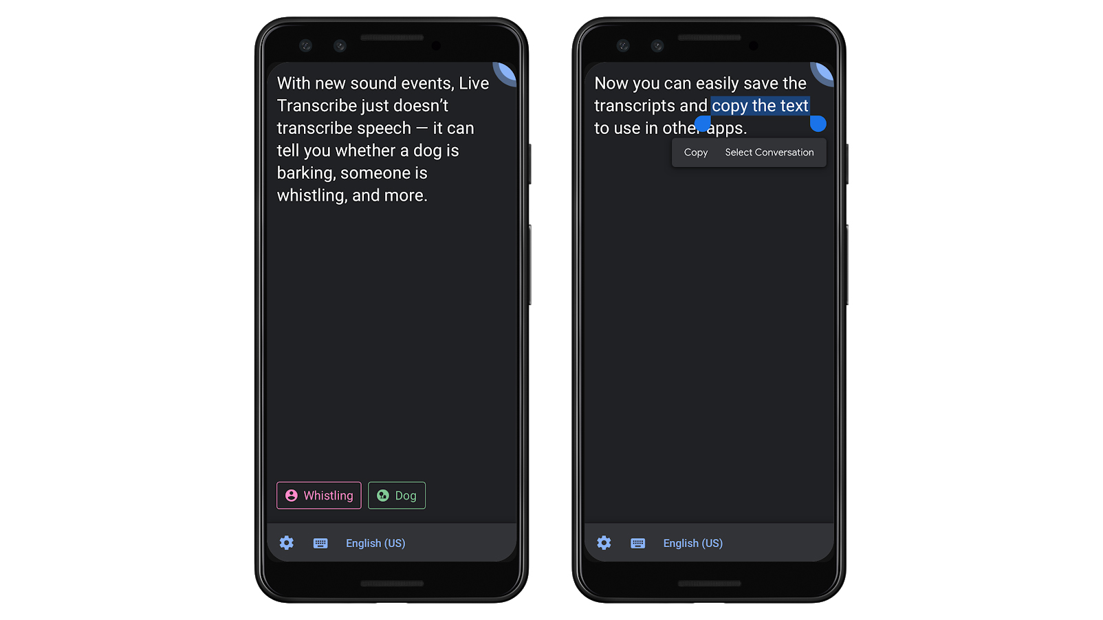 An official image of a new Live Transcribe feature which transcribes non-conversation sounds, like whistling and dogs barking.