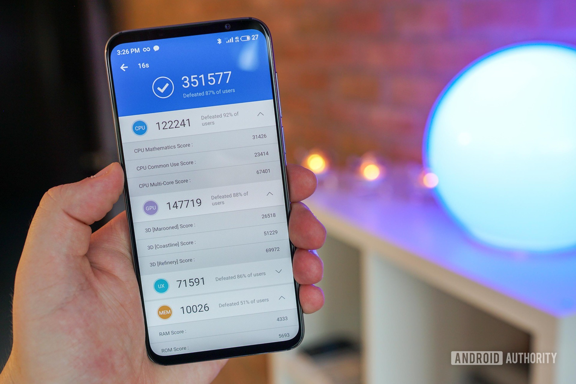 Meizu 16s Antutu benchmark result with overall score of 351,577