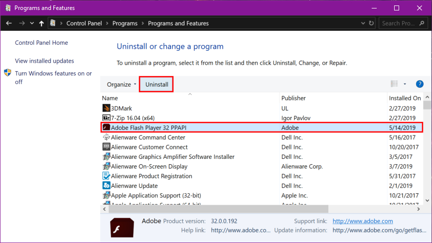 Windows 10 Control Panel Uninstall
