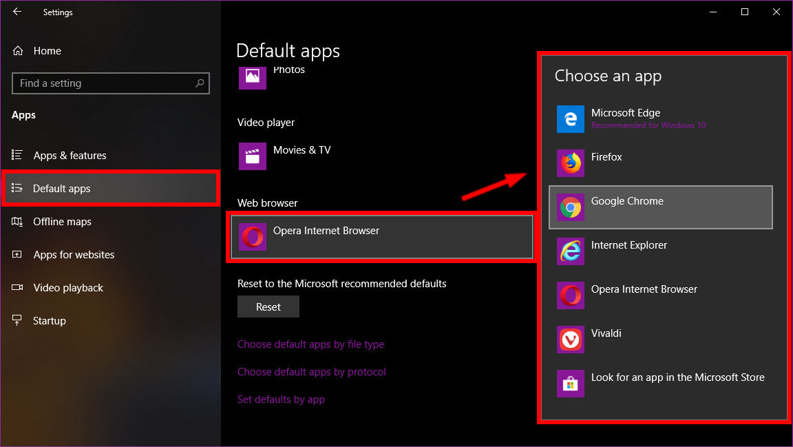 Windows 10 Settings Choose a browser