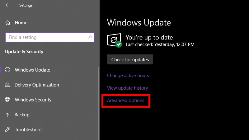 Options avancées de Windows Update