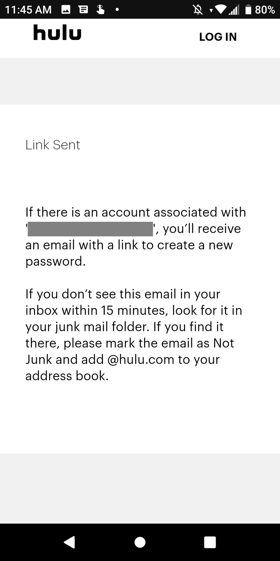 Hulu Android Link Sent to change password