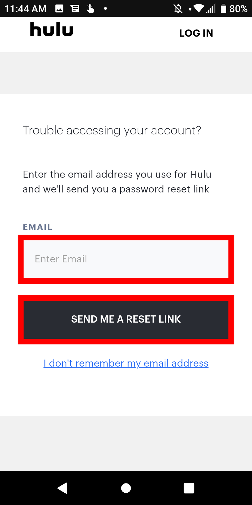 Hulu Android Send Reset Link for password change