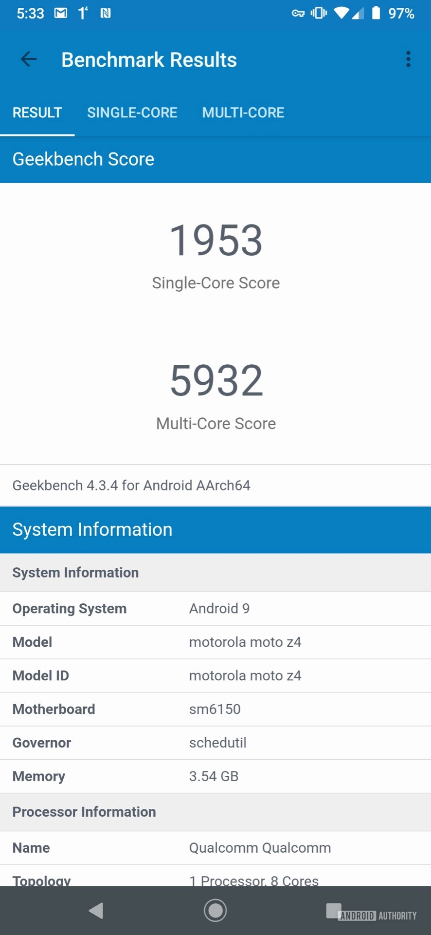 Motorola Moto Z4 Geekbench Totals