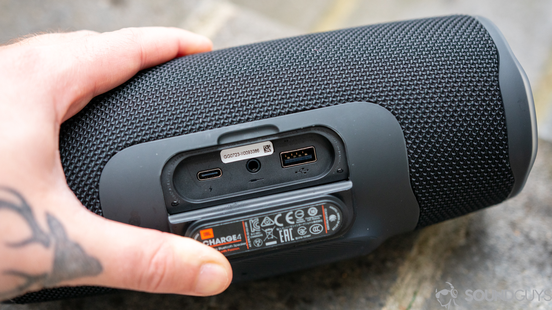 Pictured is the USB-C, 3.5mm input, and USB output on the JBL Charge 4 review unit