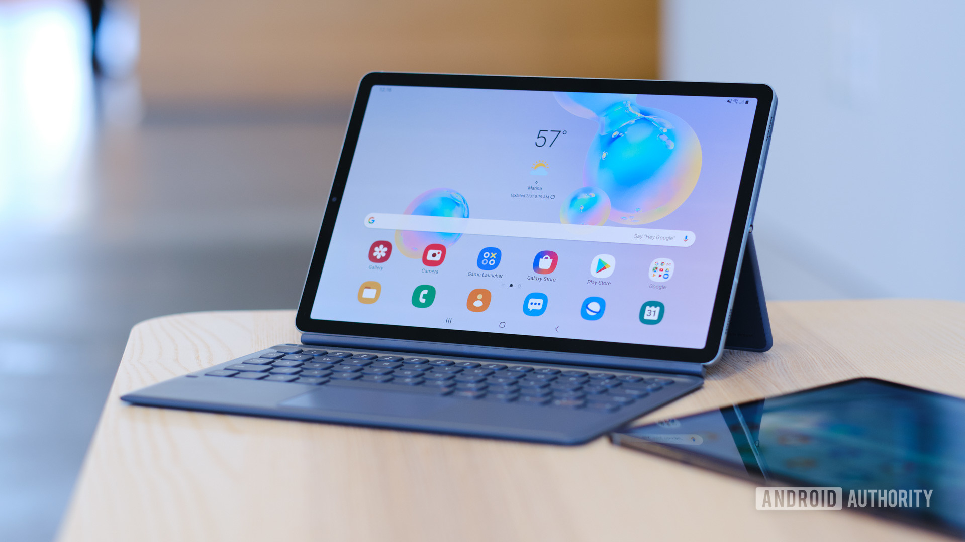 Samsung Tab S6 specs with keyboard on table