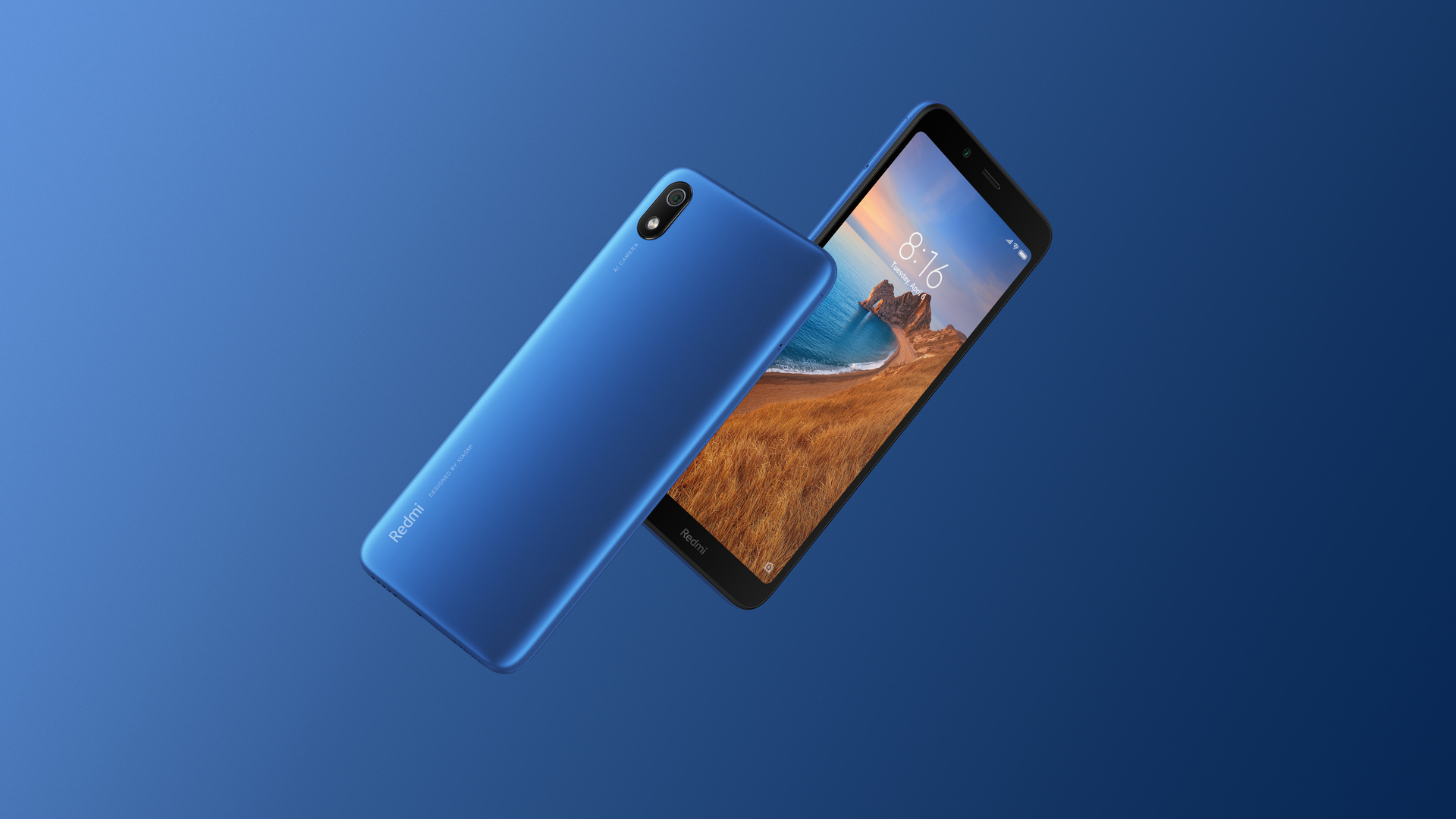 The Redmi 7A in blue front and back.