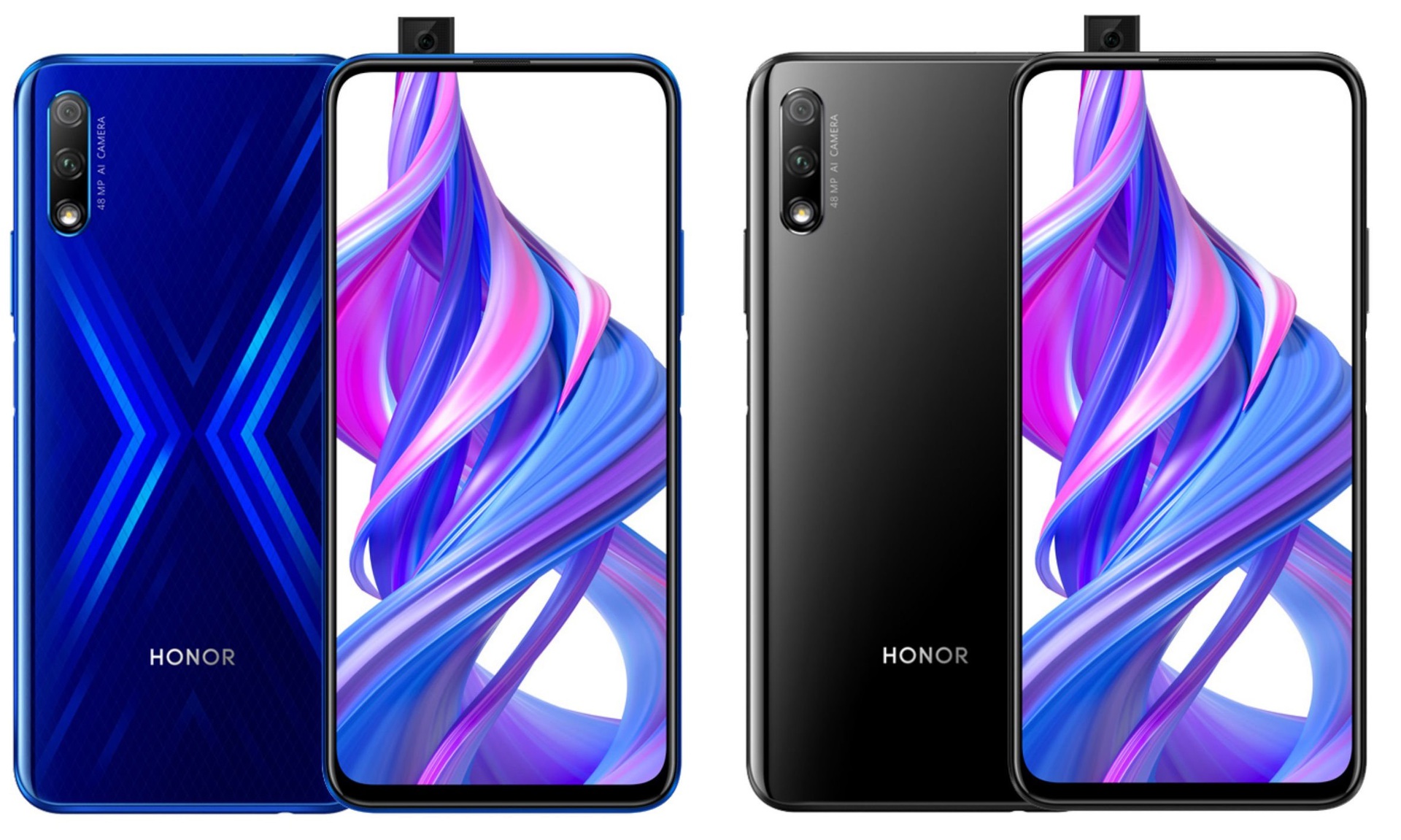 Honor 9X Pro side-by-side in blue and black. 