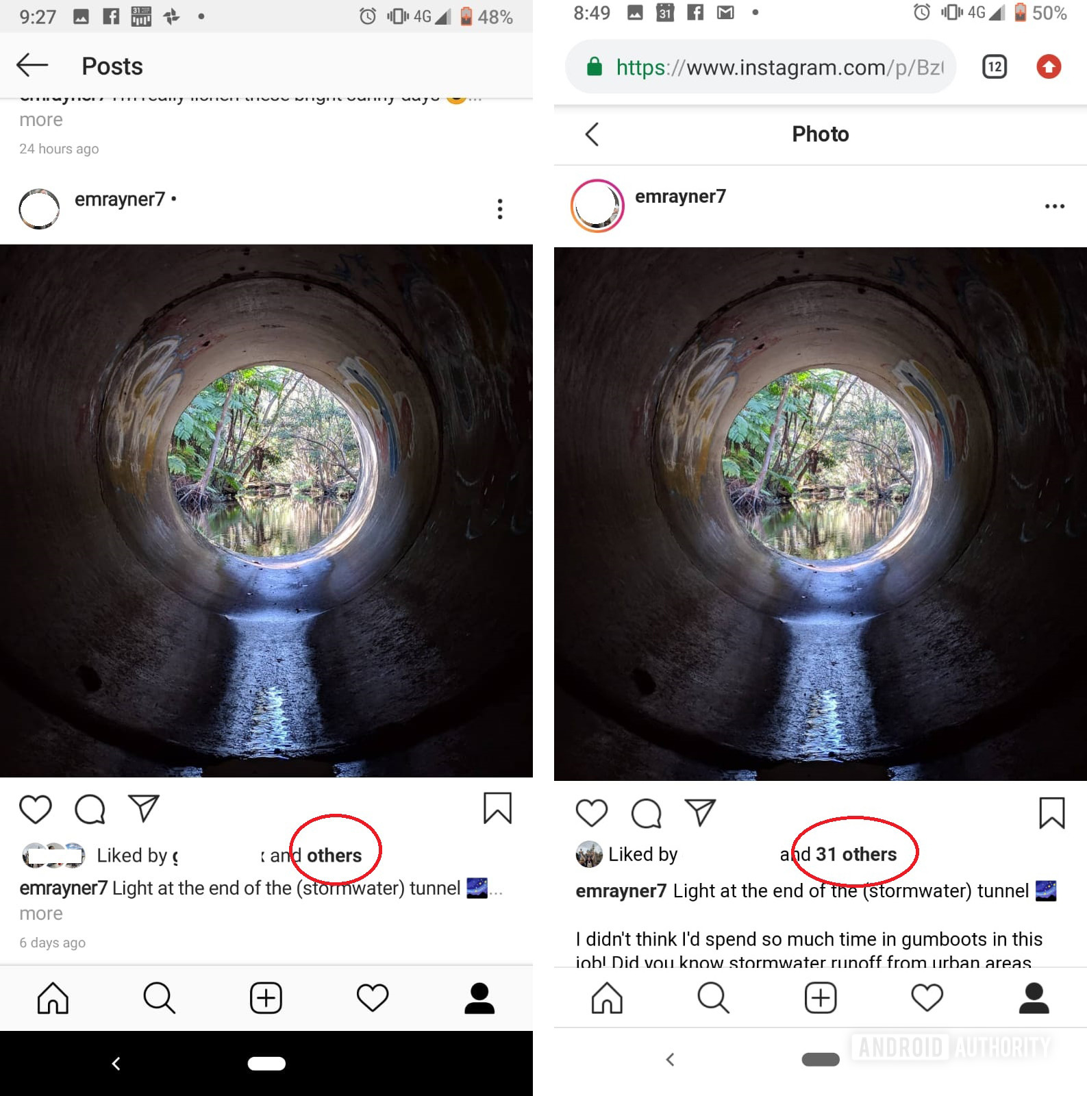 Instagram screenshots side-by-side showing how to see hidden likes.
