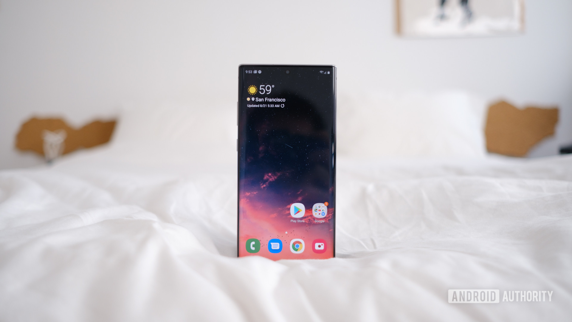 Samsung Galaxy Note 10 Plus screen upright on bed