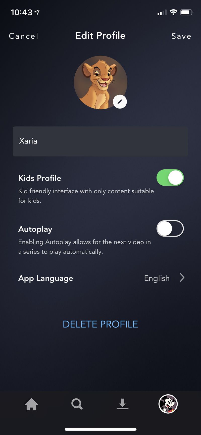 Configuración de la aplicación para Android Disney Plus perfil para niños