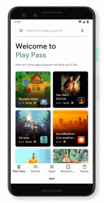 Vista previa de la interfaz de usuario de Google Play Pass