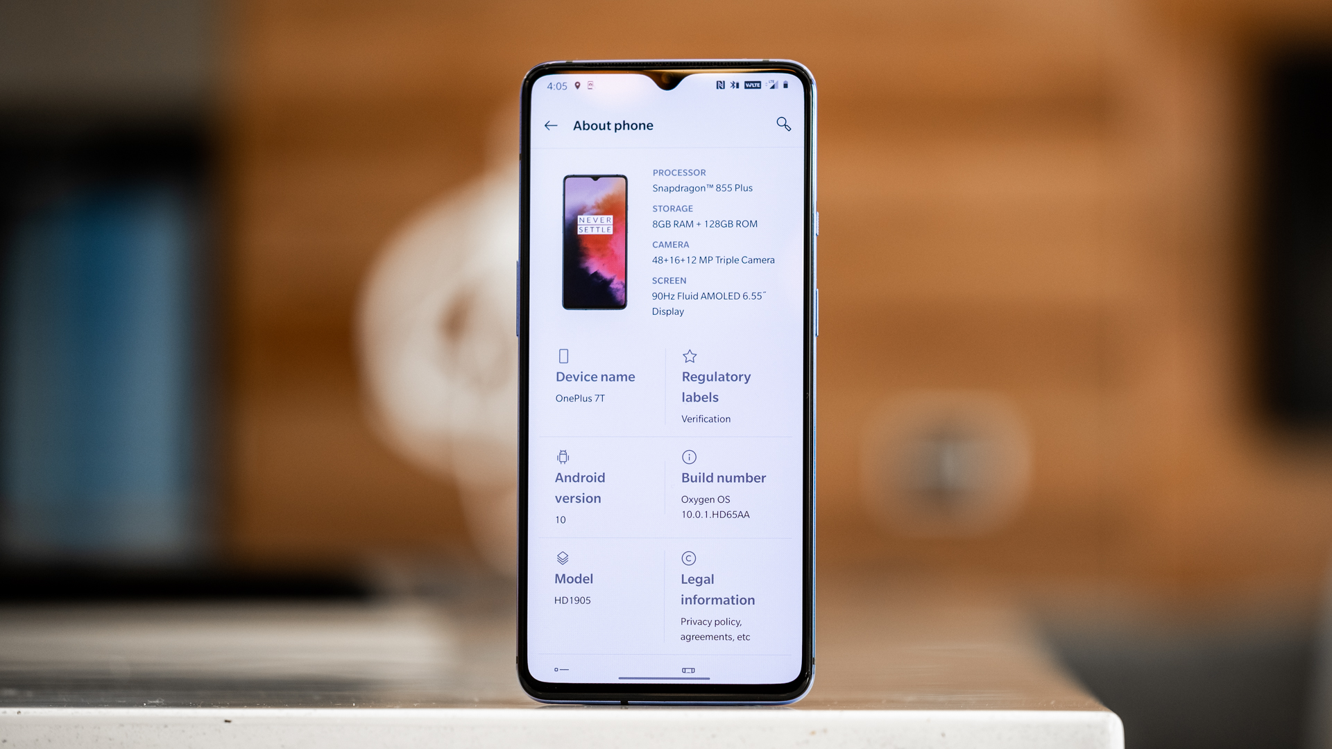 OnePlus 7T specs page on screen
