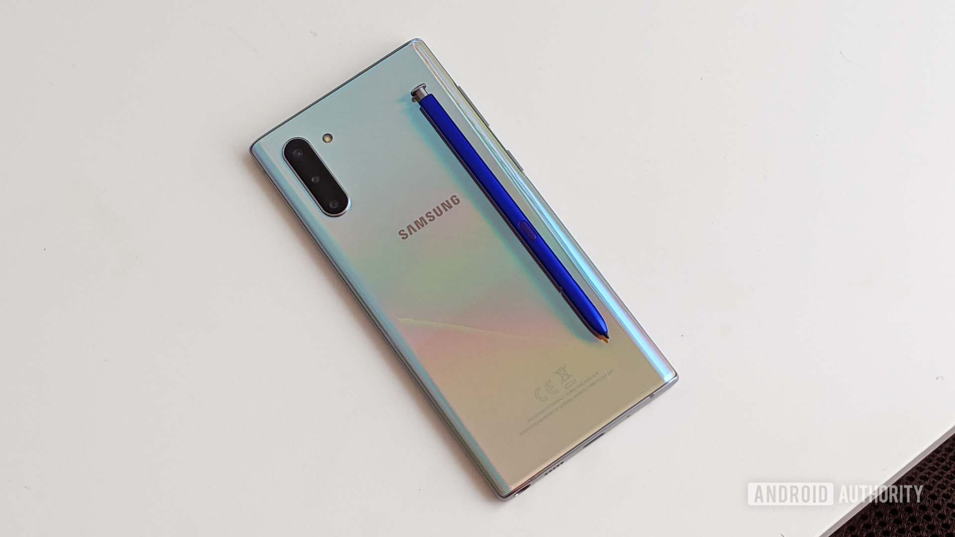 Samsung Galaxy Note 10 back view with S Pen on an angle
