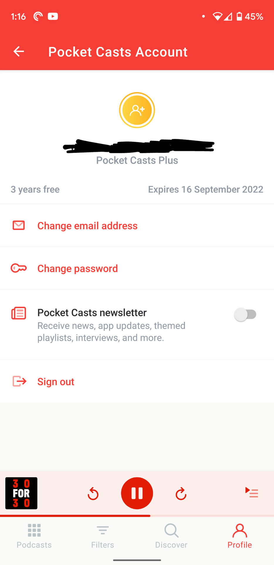 Screenshot of Pocket Casts update 2