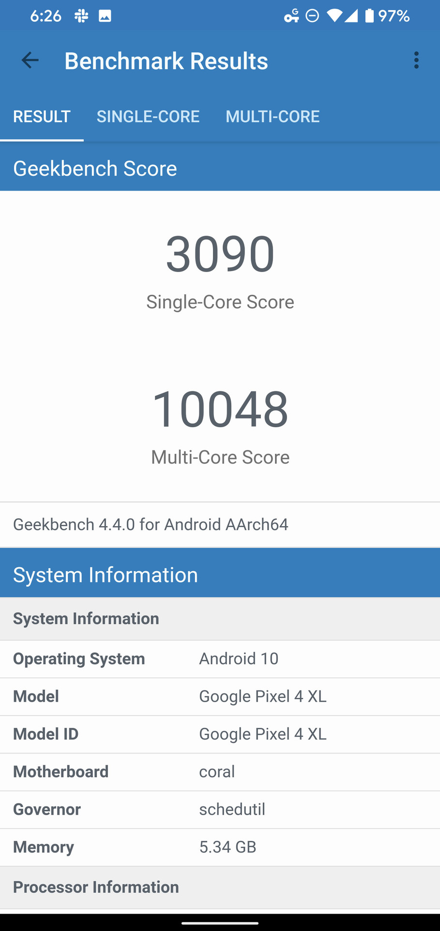 Google Pixel 4 XL Geekbench benchmark results