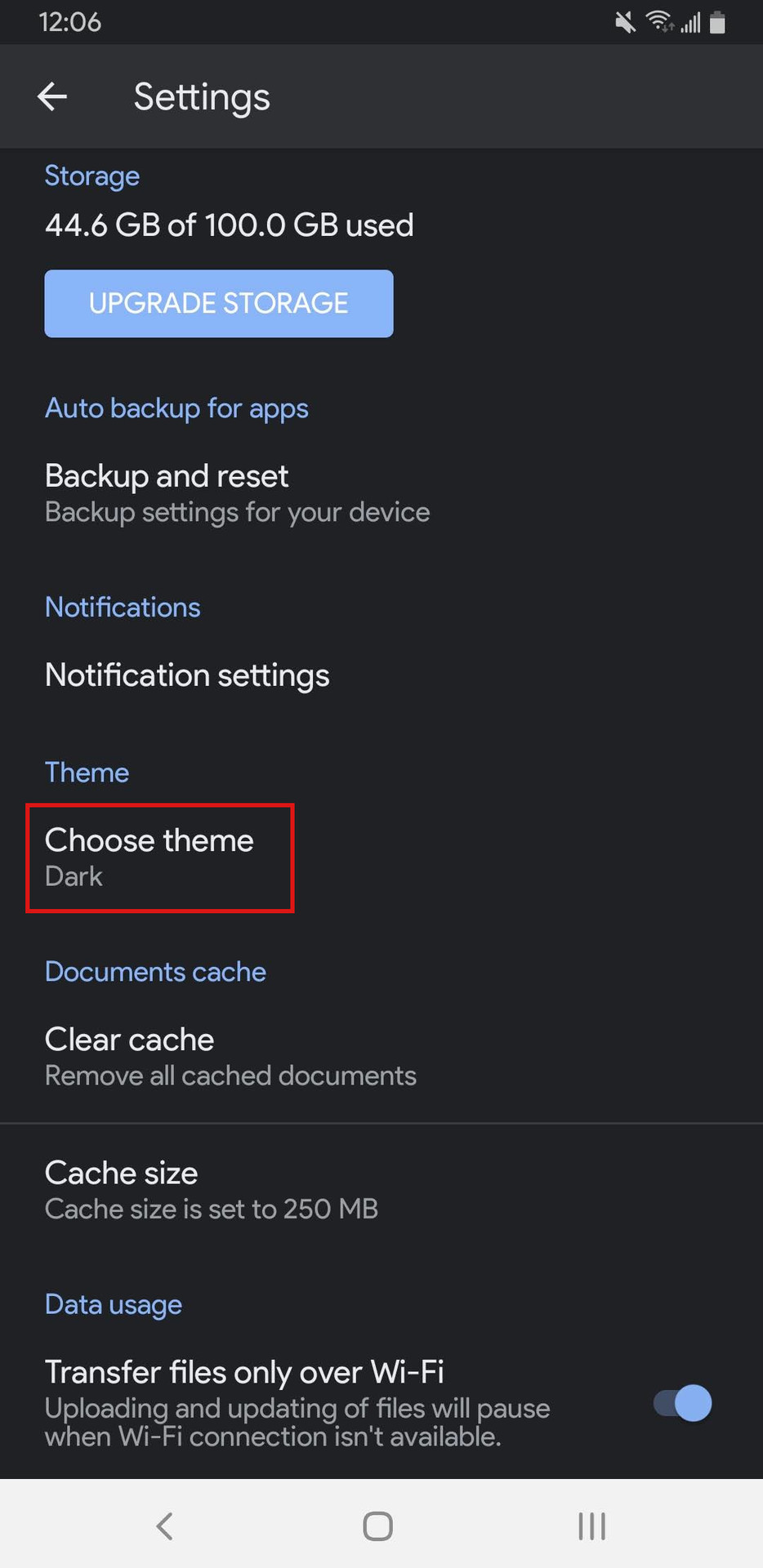 Google Drive Dark Mode settings