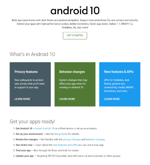 Android 10 Developer Page
