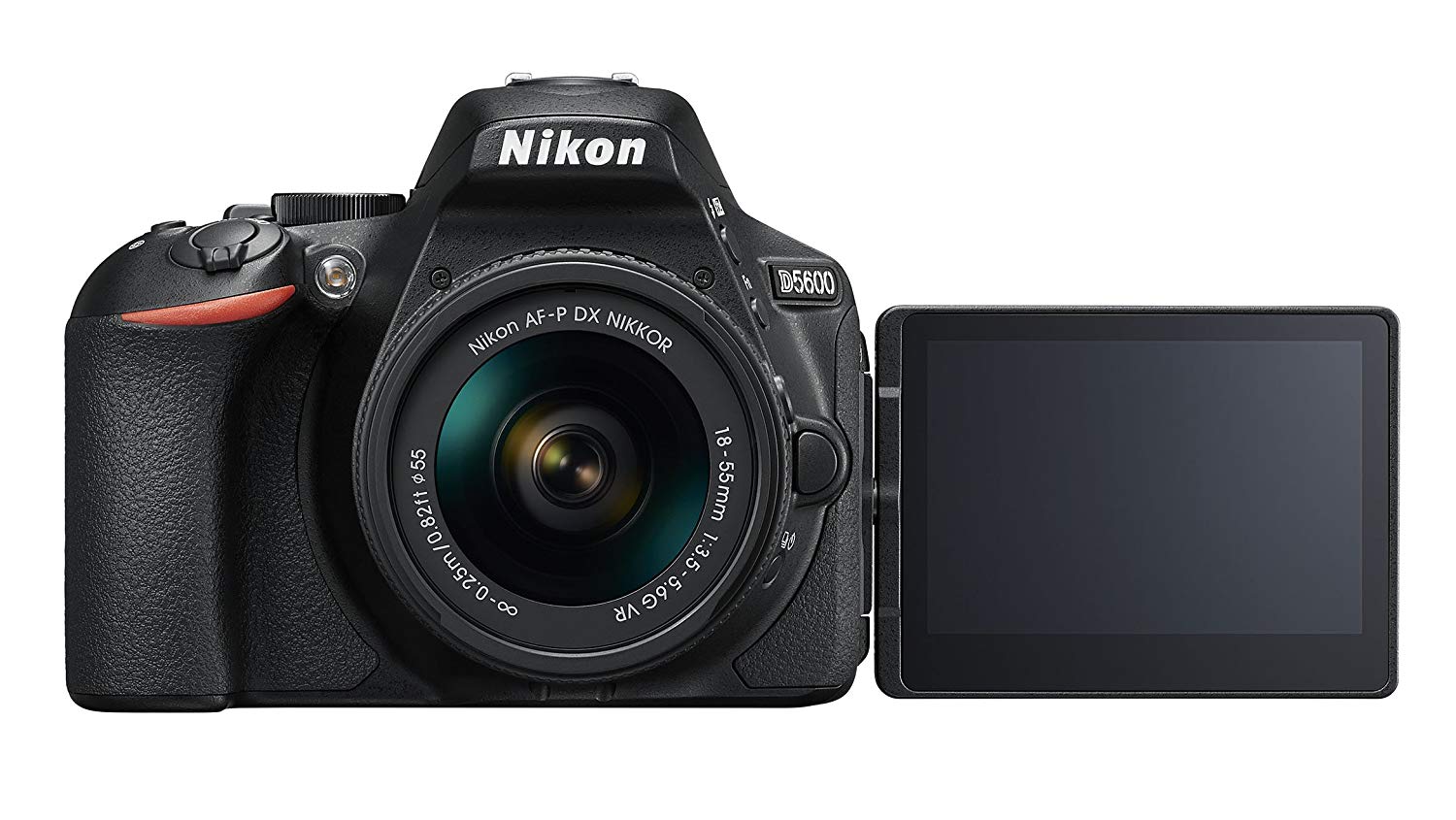 Nikon D5600 DSLR camera body with screen flipped out