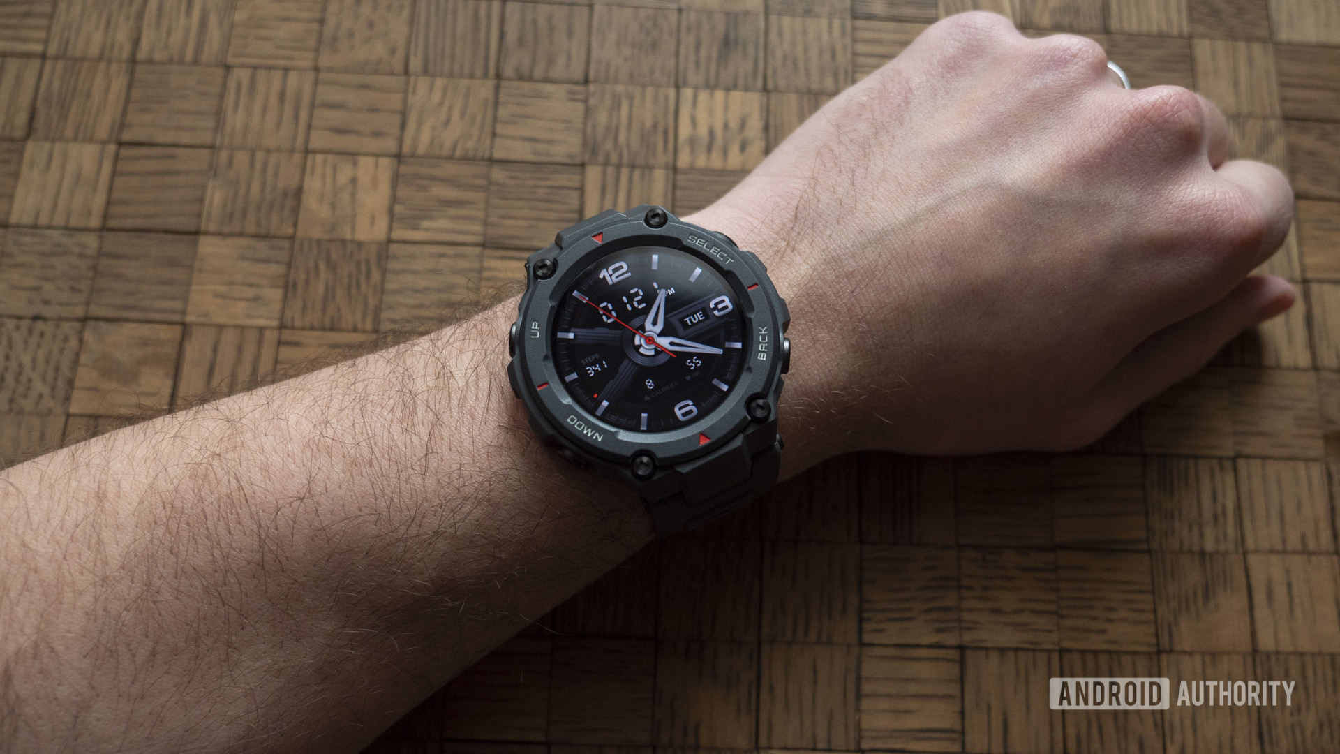 huami amazfit t rex review watch face on wrist