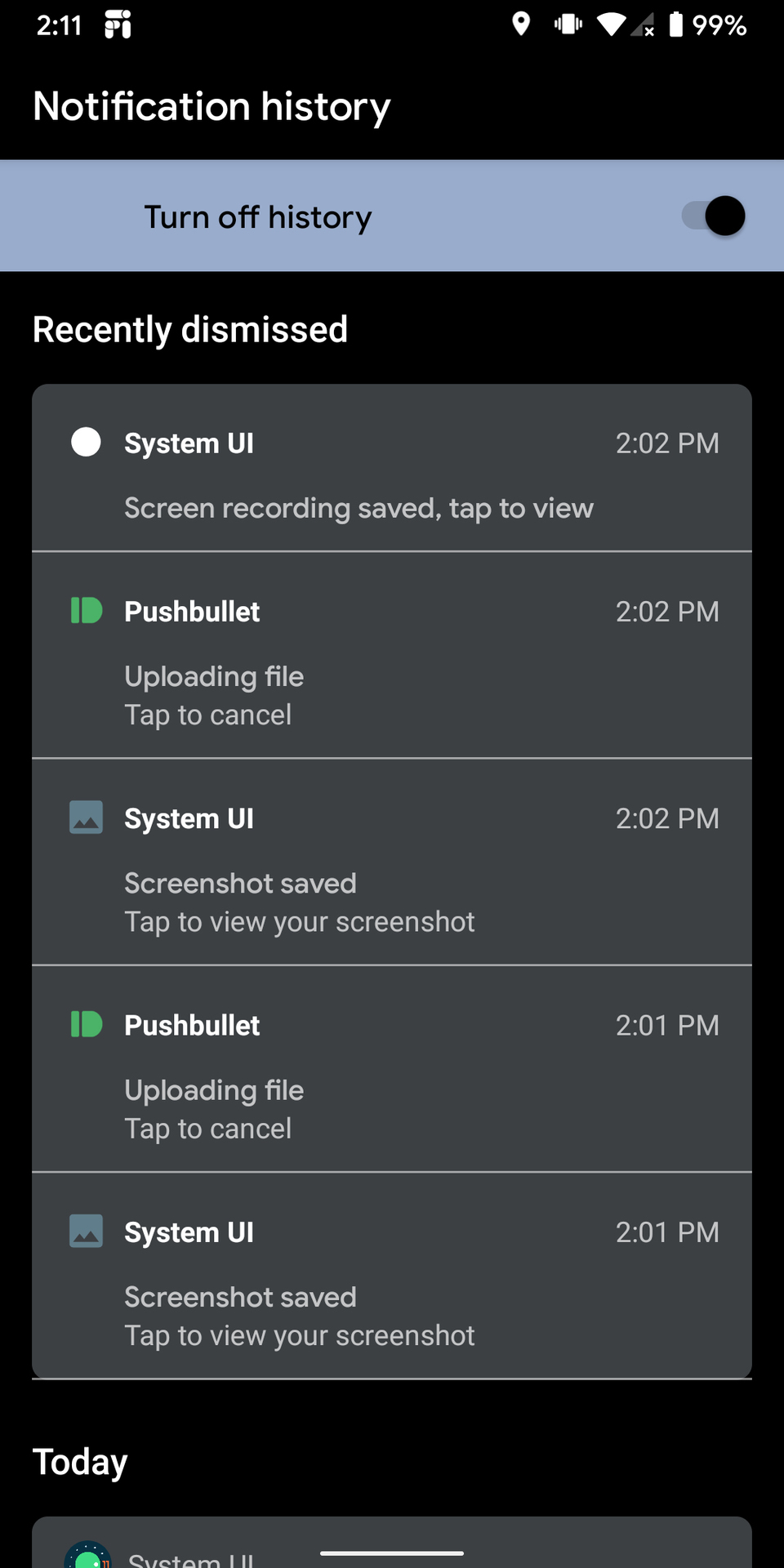 Android 11 DP2 Notification History