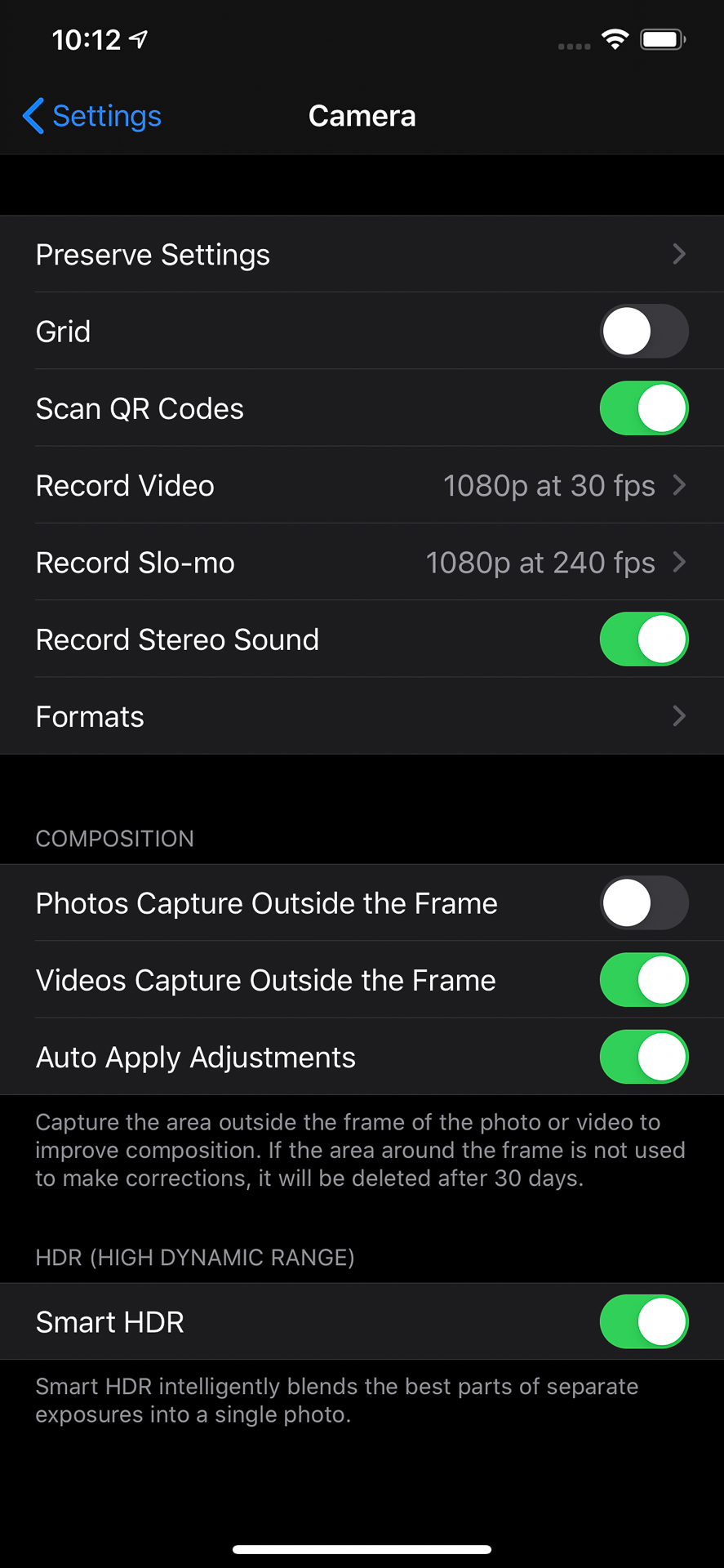 Apple iPhone 11 Pro max camera app settings