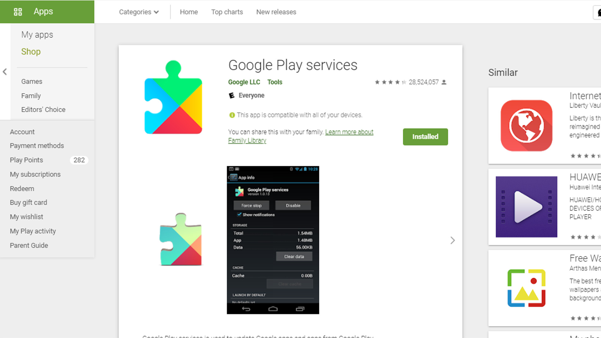 Google Play Services Play Store page