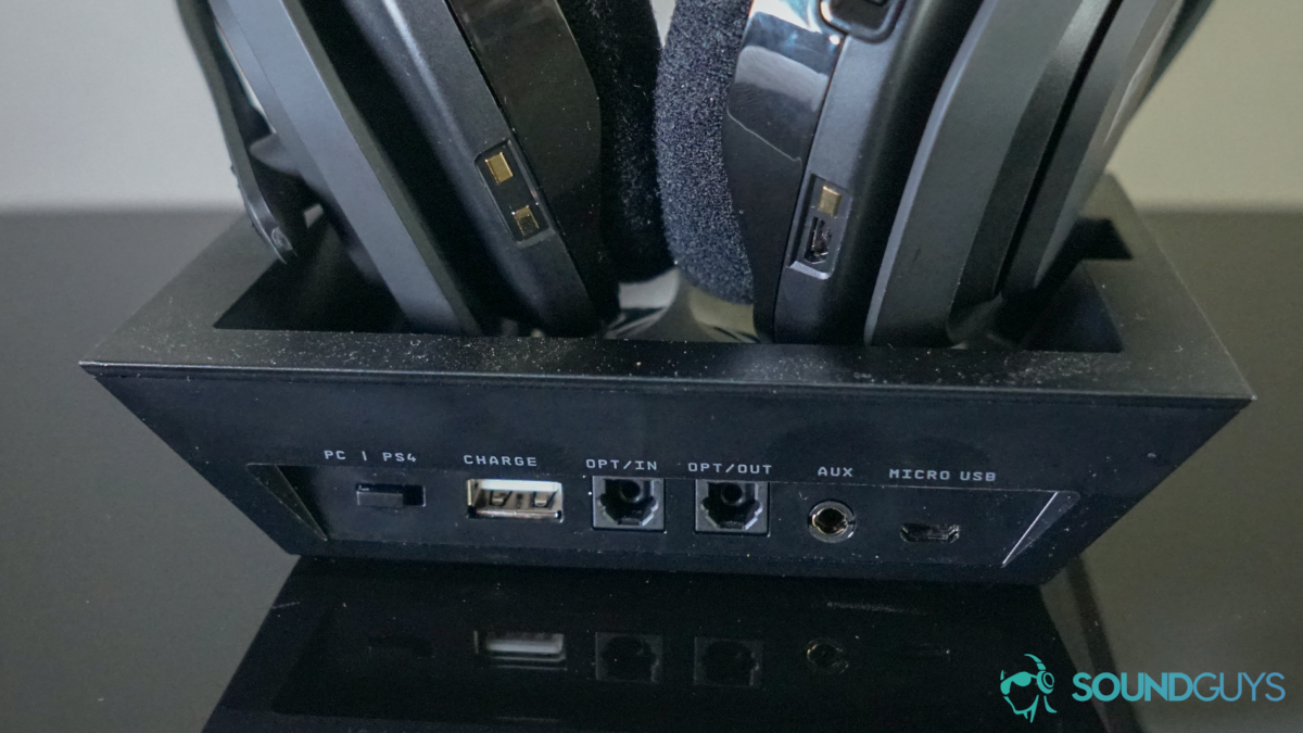 The Astro Gaming A50 sits on its base station with all ports in view.
