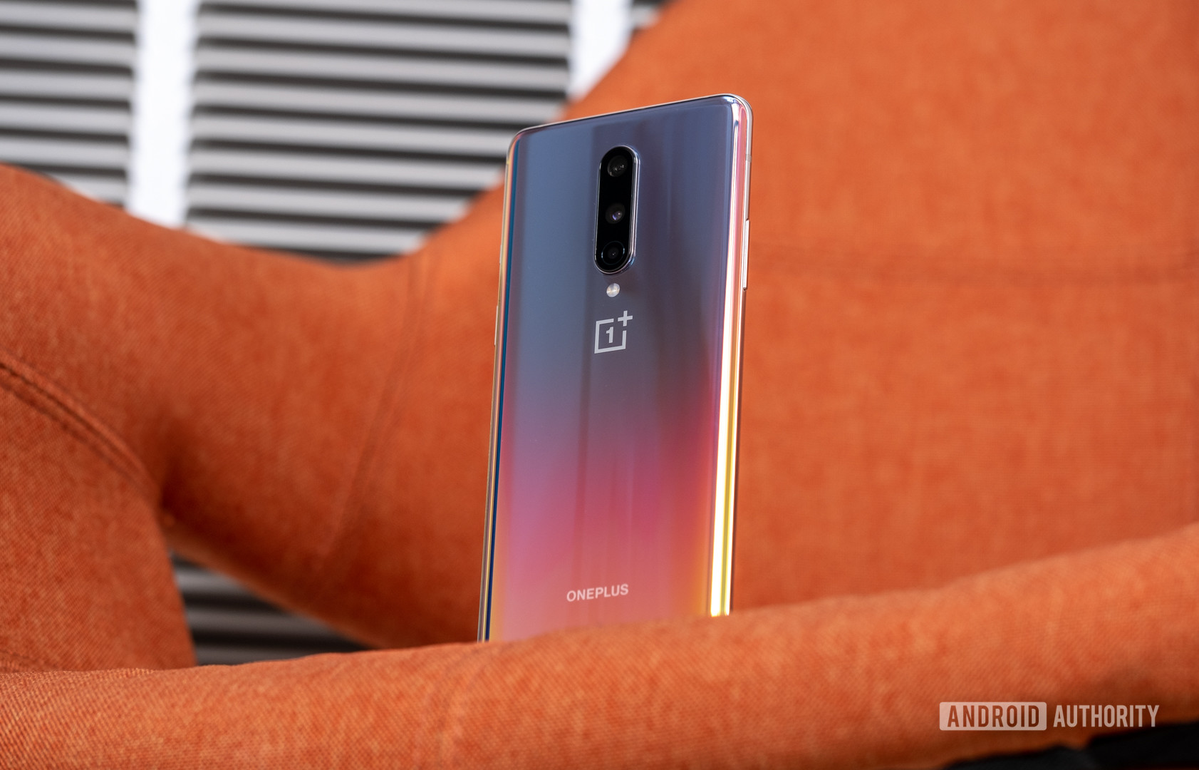 OnePlus 8 back upright in chair