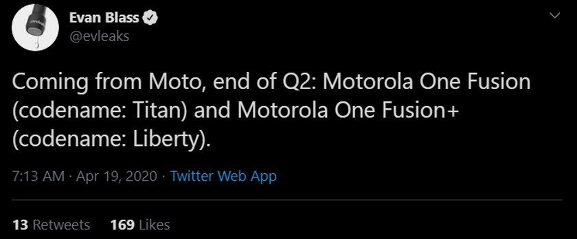 The Motorola One Fusion series is coming according to Evan Blass.