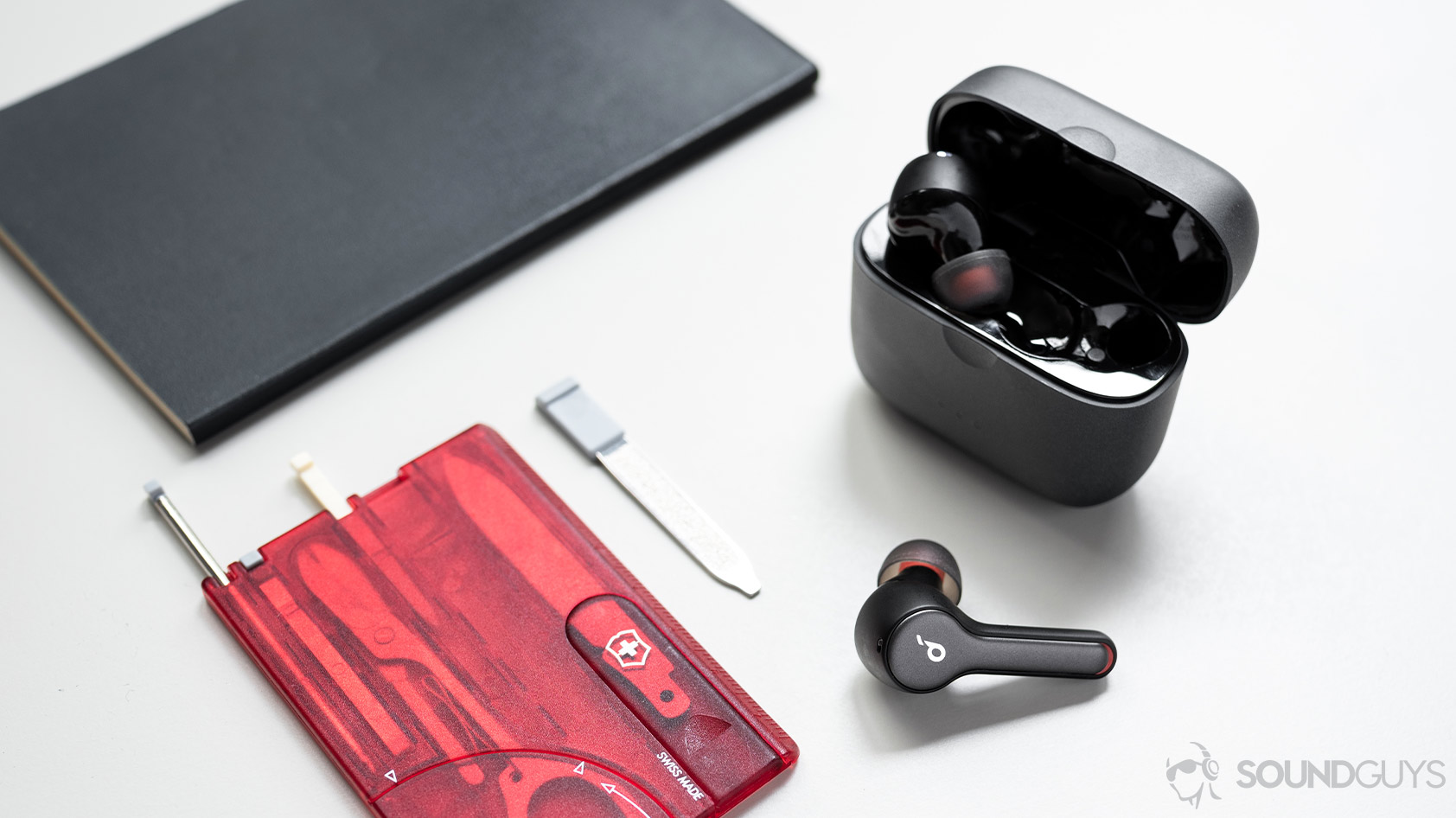 The Anker SoundCore Liberty Air 2 true wireless earbuds charging case multitool.
