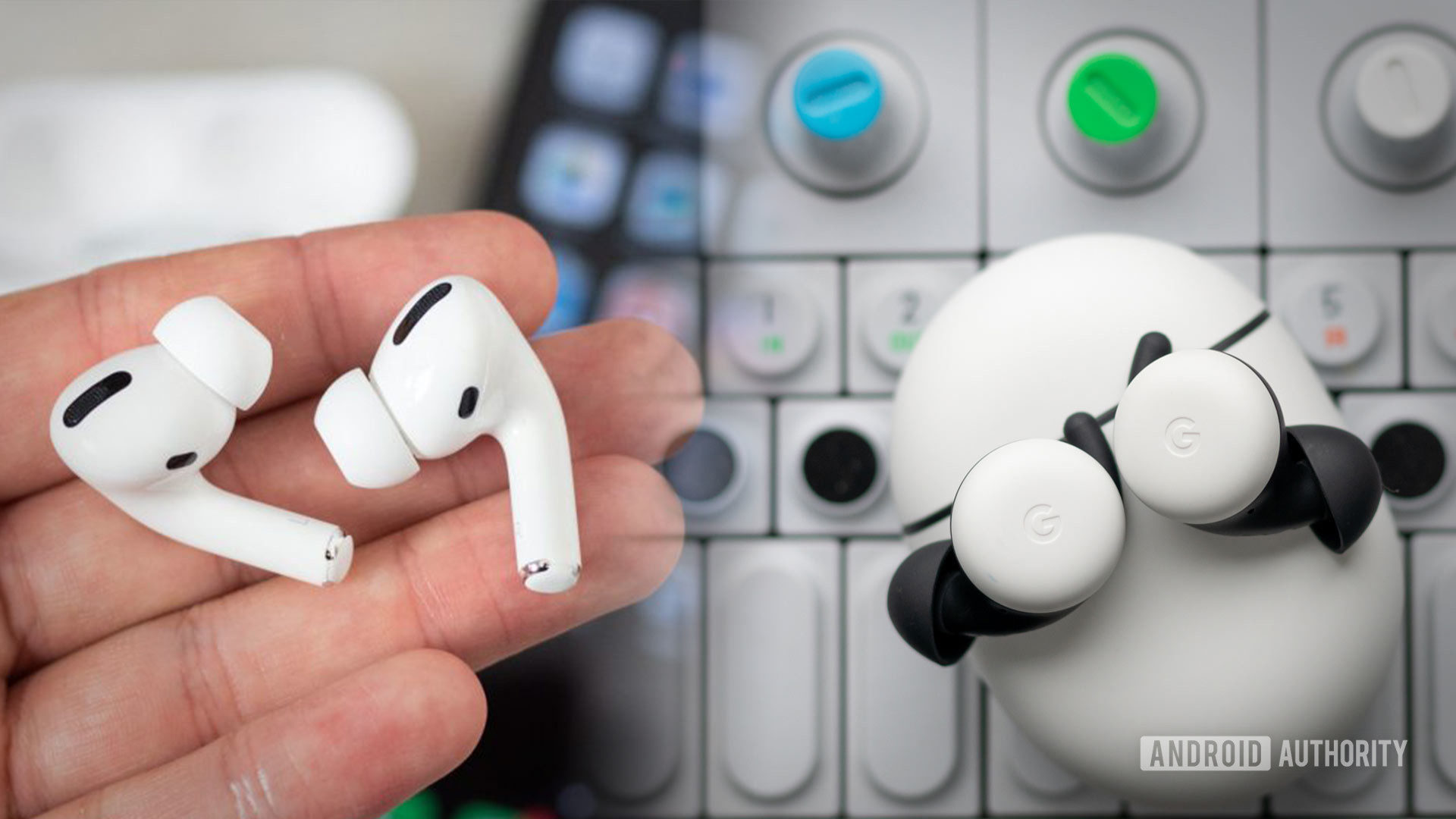 A picture of the Apple AirPods Pro vs Google Pixel Buds images blended together.