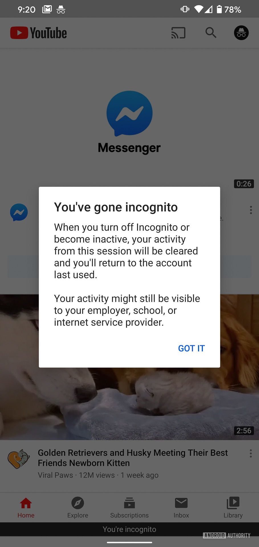 Google YouTube Incognito landing page