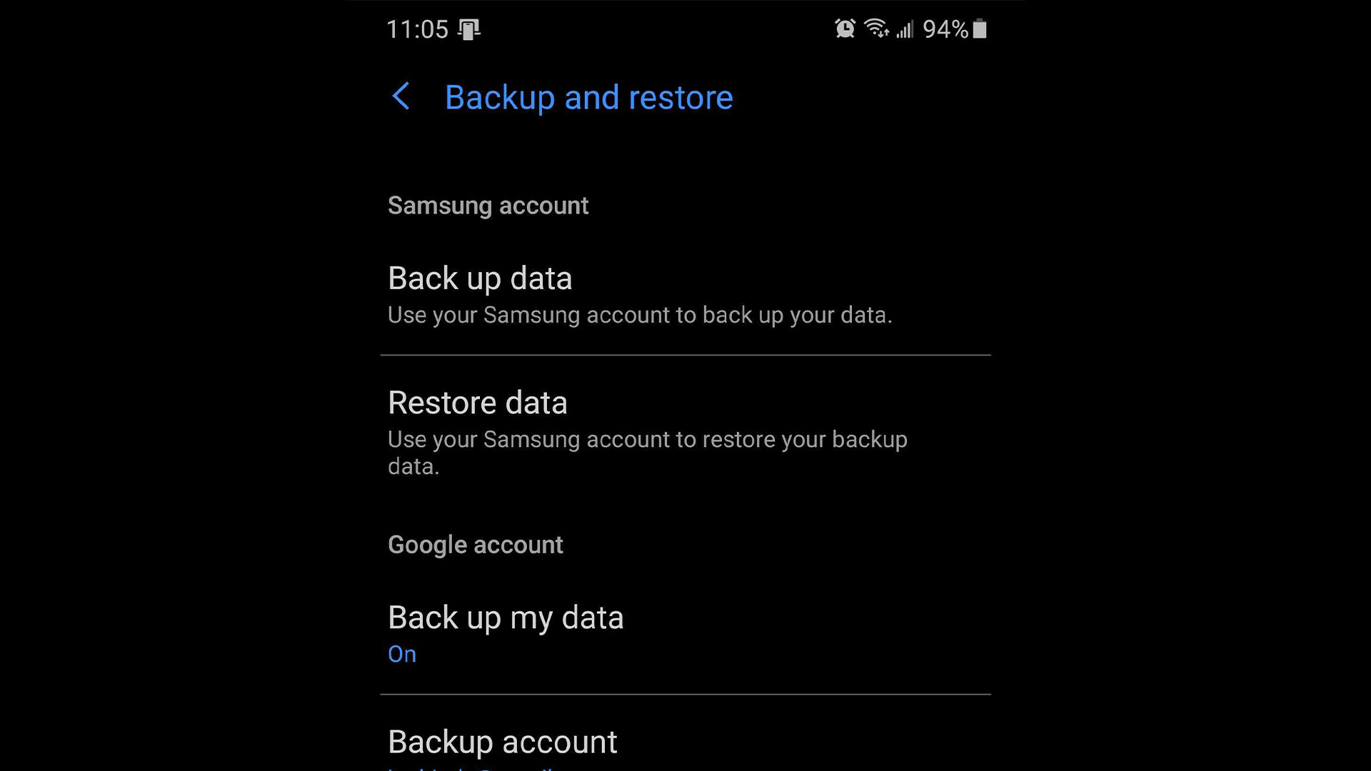 Samsung data backup screenshot