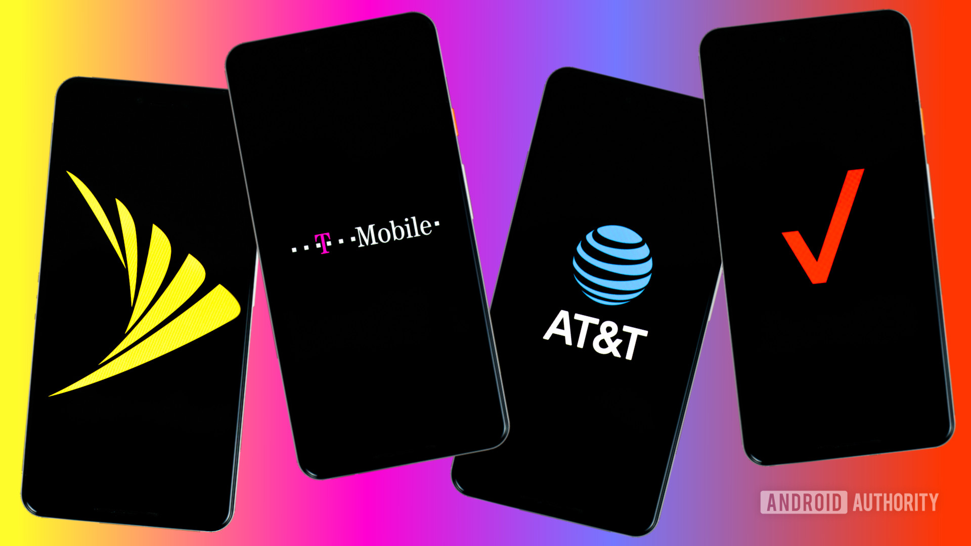 Sprint Verizon T Mobile and Verizon carrier logos on four smartphones side by side