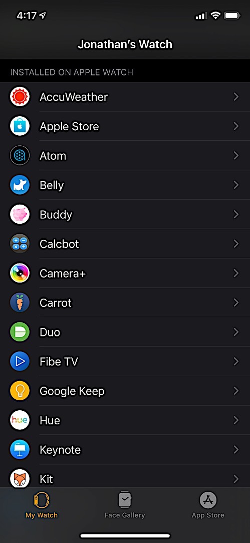 Apple Watch app list on iPhone