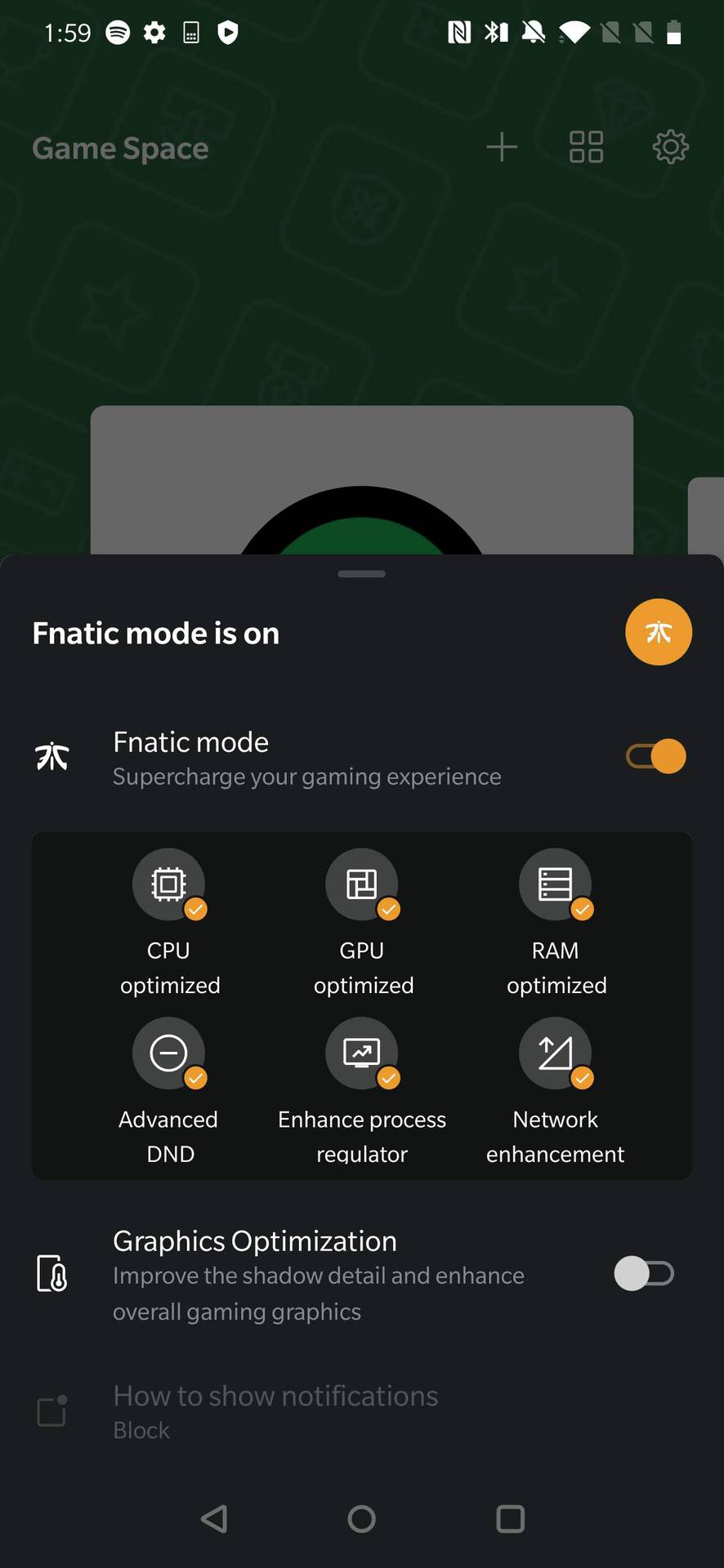 A screenshot of the OnePlus Game Space app showing what Fnatic Mode listening looks like.