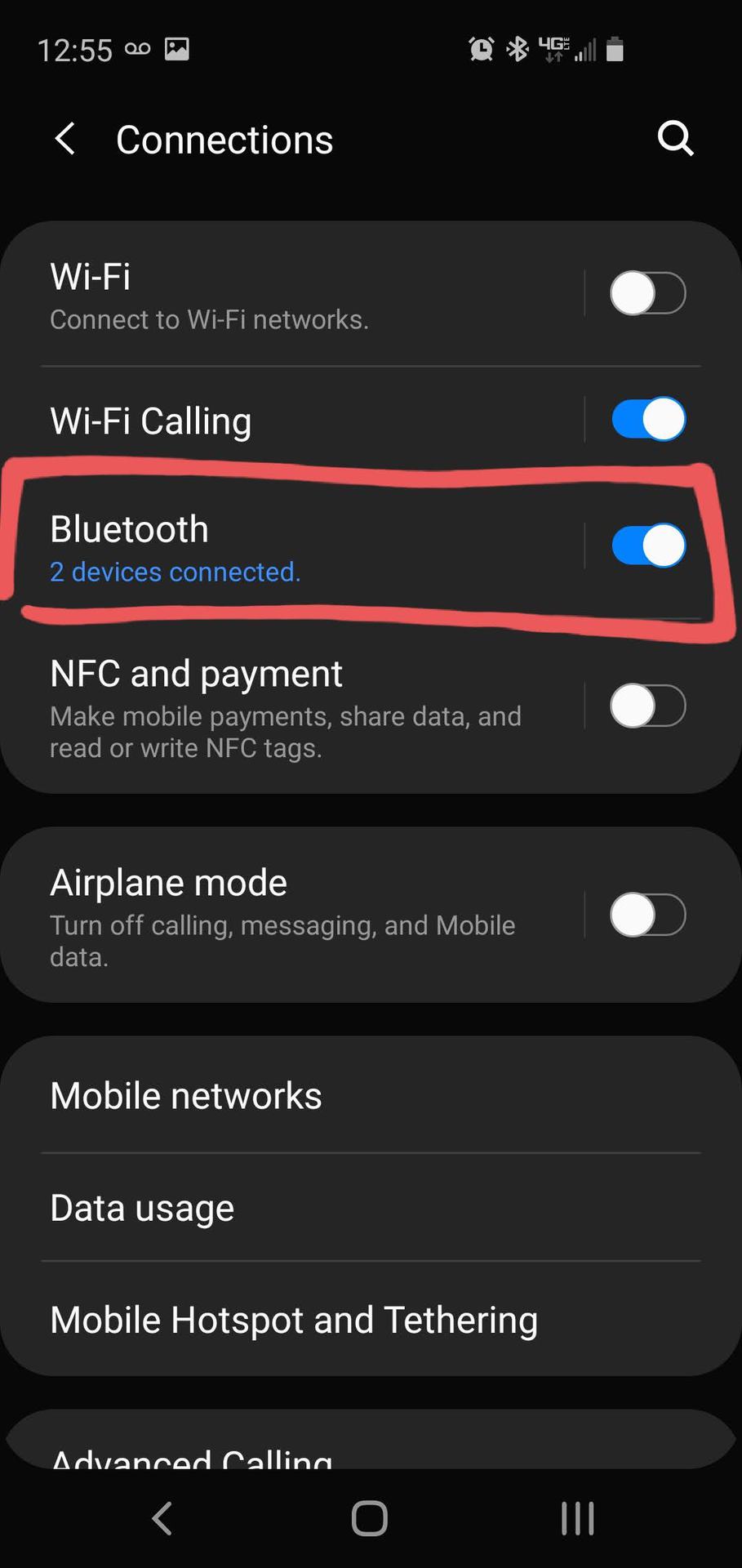 Samsung Dual Connect screenshot with the Bluetooth menu highlighted.