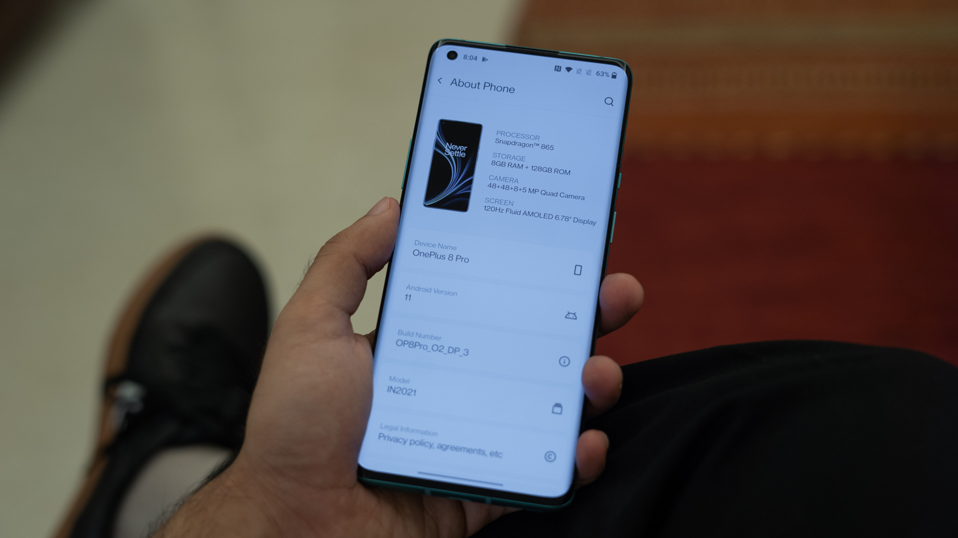 OnePlus 8 Pro Android 11 dev preview android 11 about page