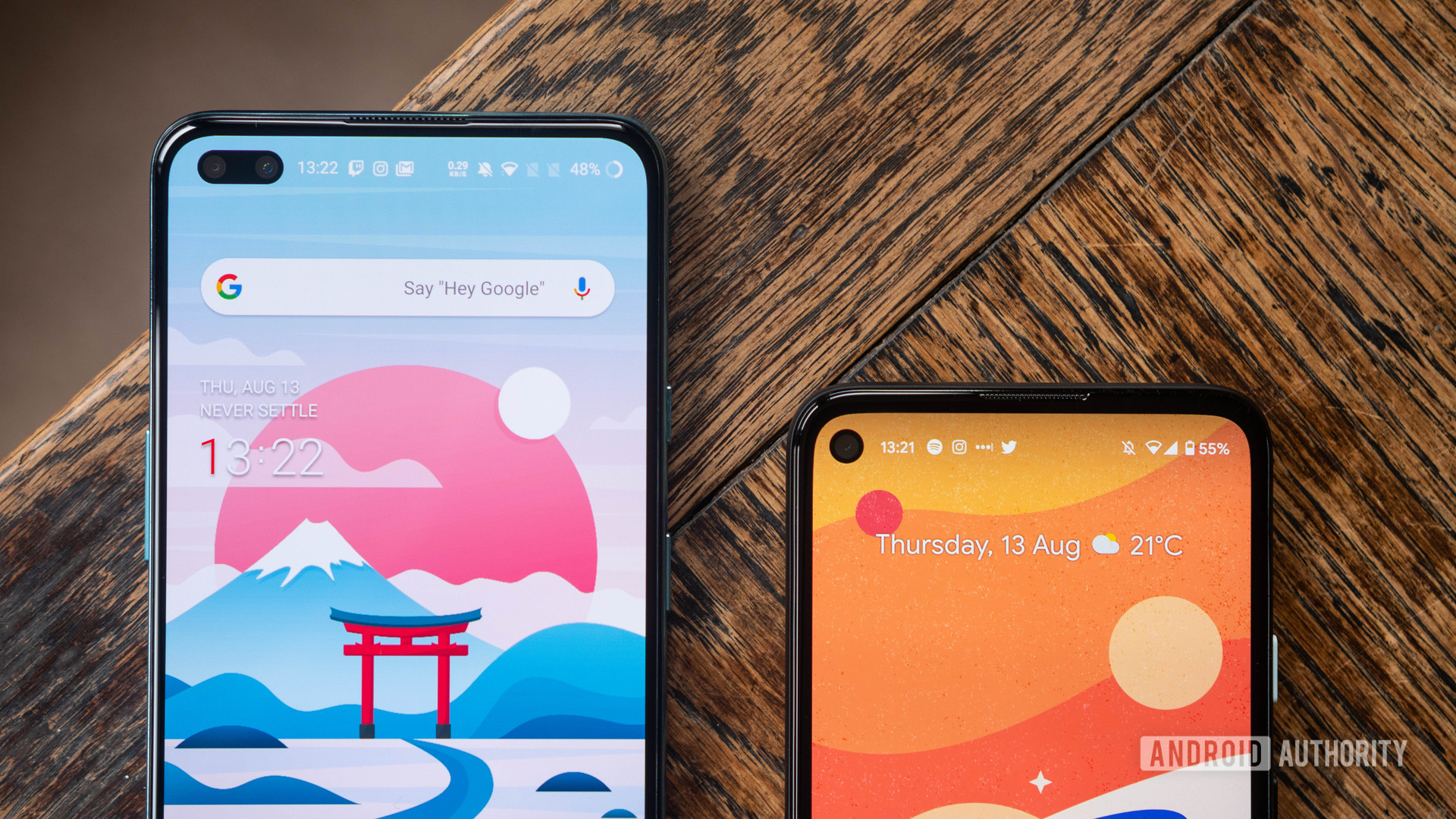 OnePlus Nord vs Pixel 4a The top of both devices side by side in a staggered view