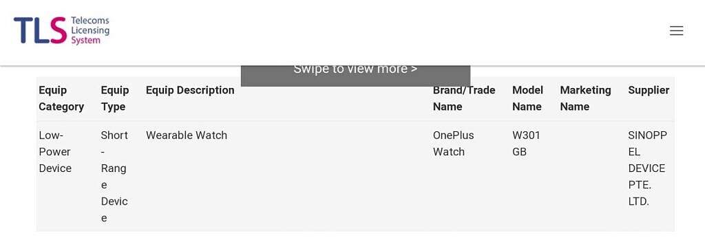 OnePlus watch IMDA listing