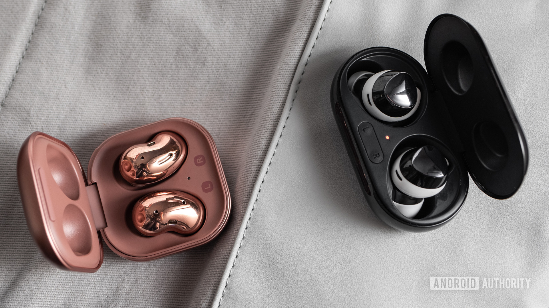 A picture of the Samsung Galaxy Buds Live noise cancelling true wireless earbuds in the open case next to the Samsung Galaxy Buds Plus.