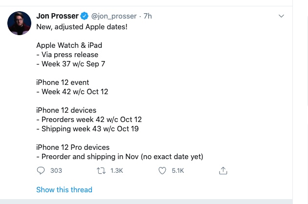 iPhone 12 launch timeline leak tweet by Jon Prosser