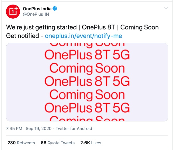 OnePlus 8T 5G confirmation Tweet By OnePlus