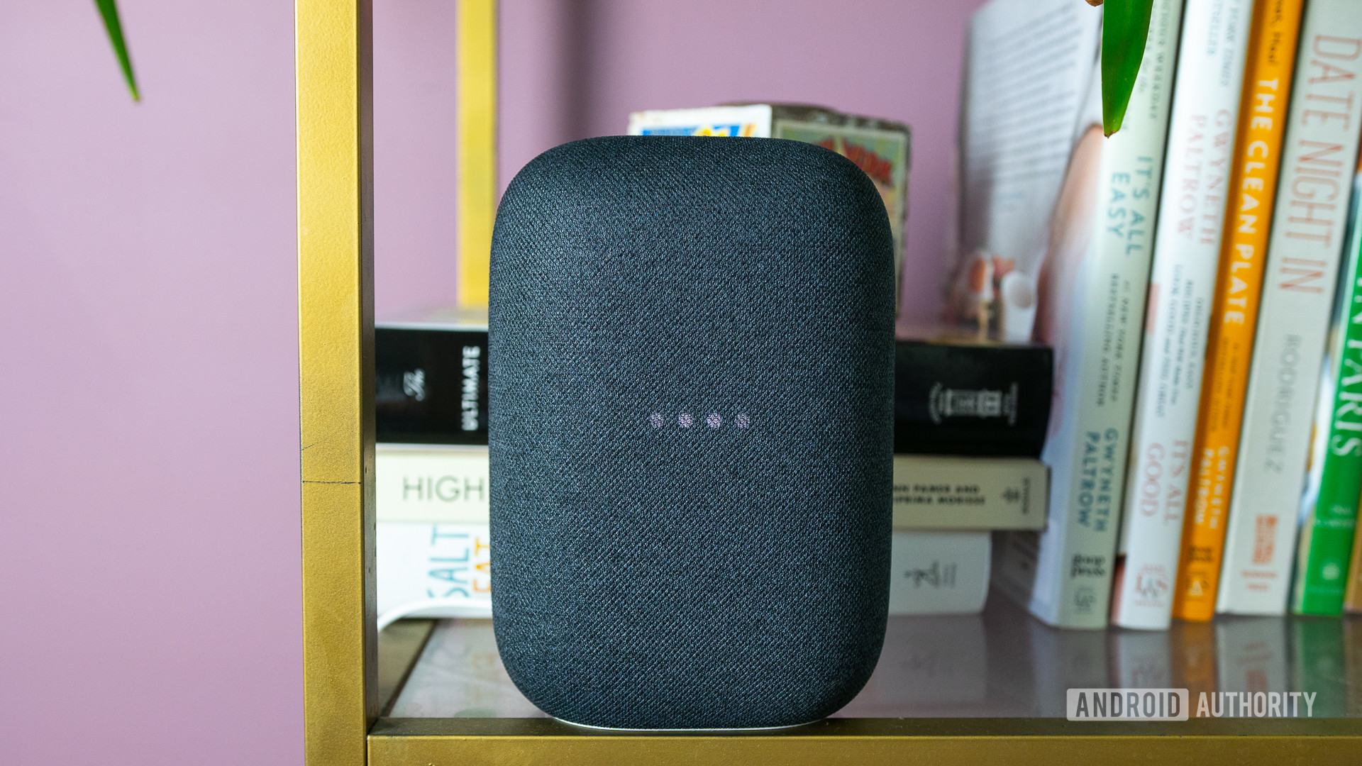The picture shows the gray Google Nest Audio on the bookshelf, with the lights flickering.