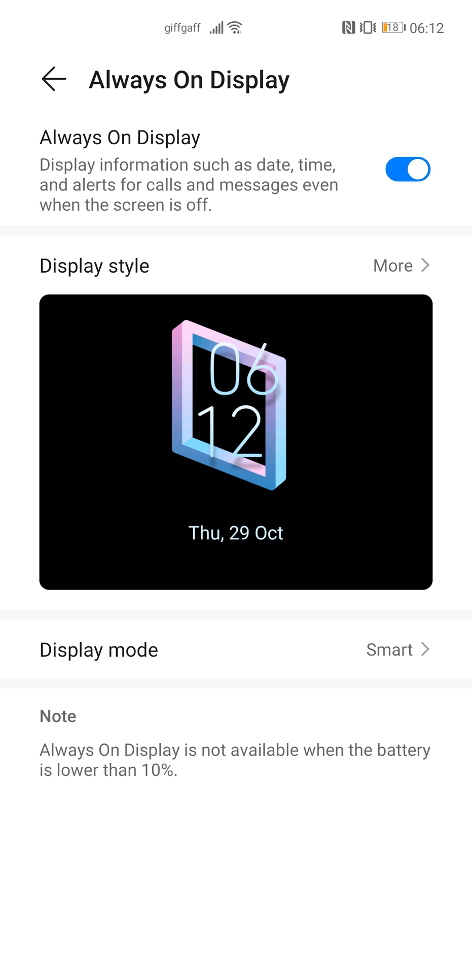 Huawei Mate 40 Pro screenshot of the AOD settings screen