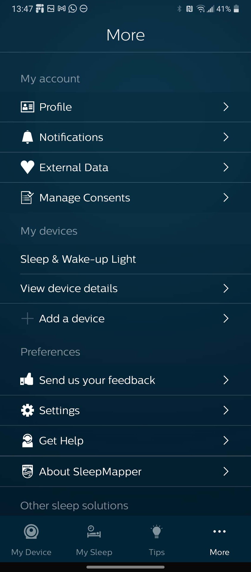 Philips SleepMapper app settings