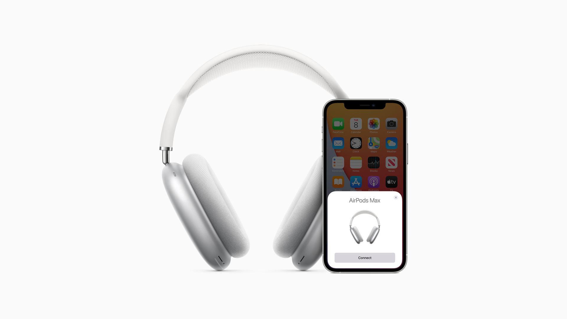 AirPods Max pairing to iOS phone on a white background.