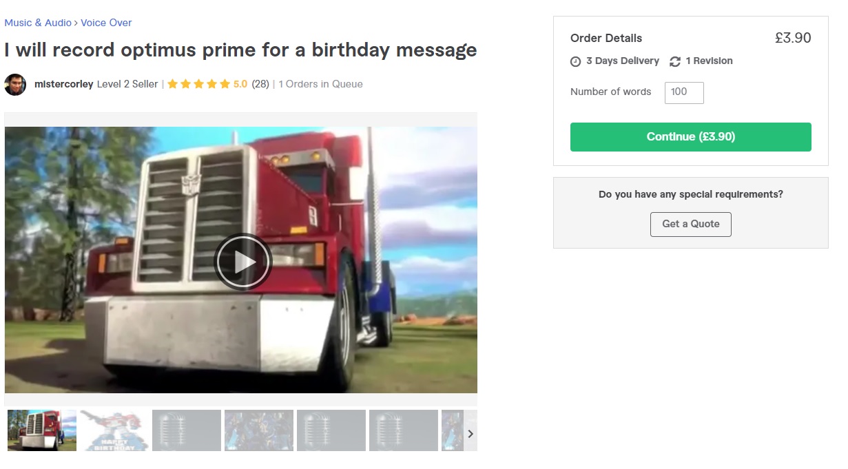 Optimus Prime Birthday Message on Fiverr