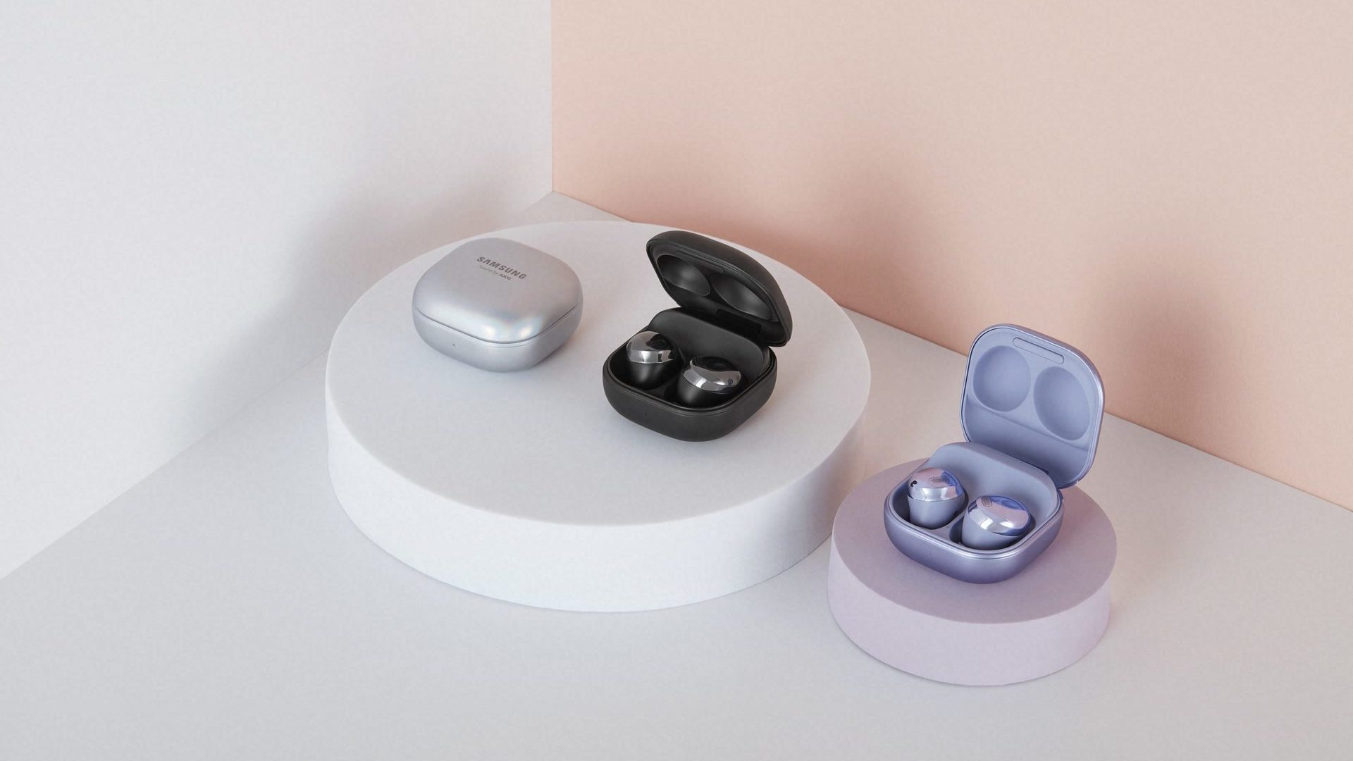 The Samsung Galaxy Buds Pro in silver, black, and purple.